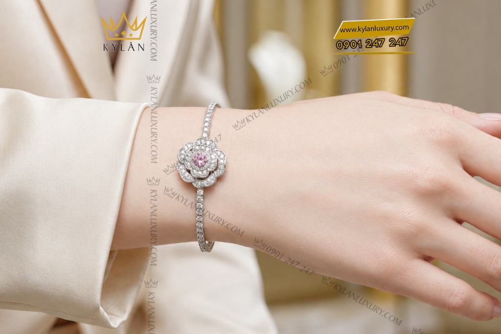 Vòng tay vàng trắng Au750 đính kim cương và sapphire tím