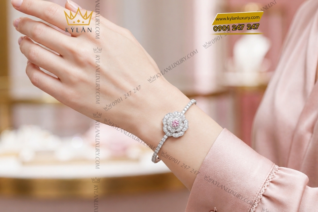 Vòng tay vàng trắng Au750 đính kim cương và sapphire tím