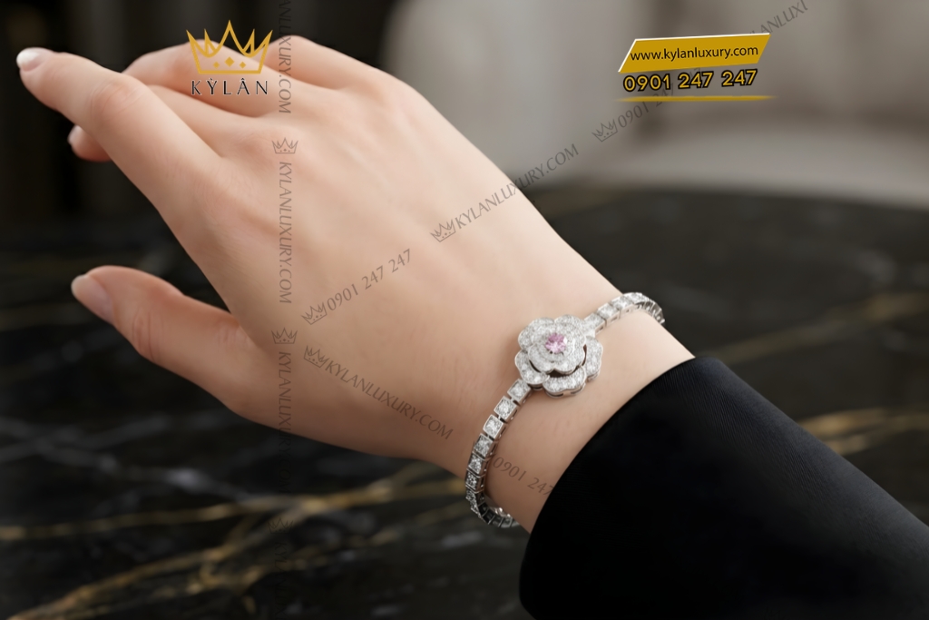 Vòng tay vàng trắng Au750 đính kim cương và sapphire tím