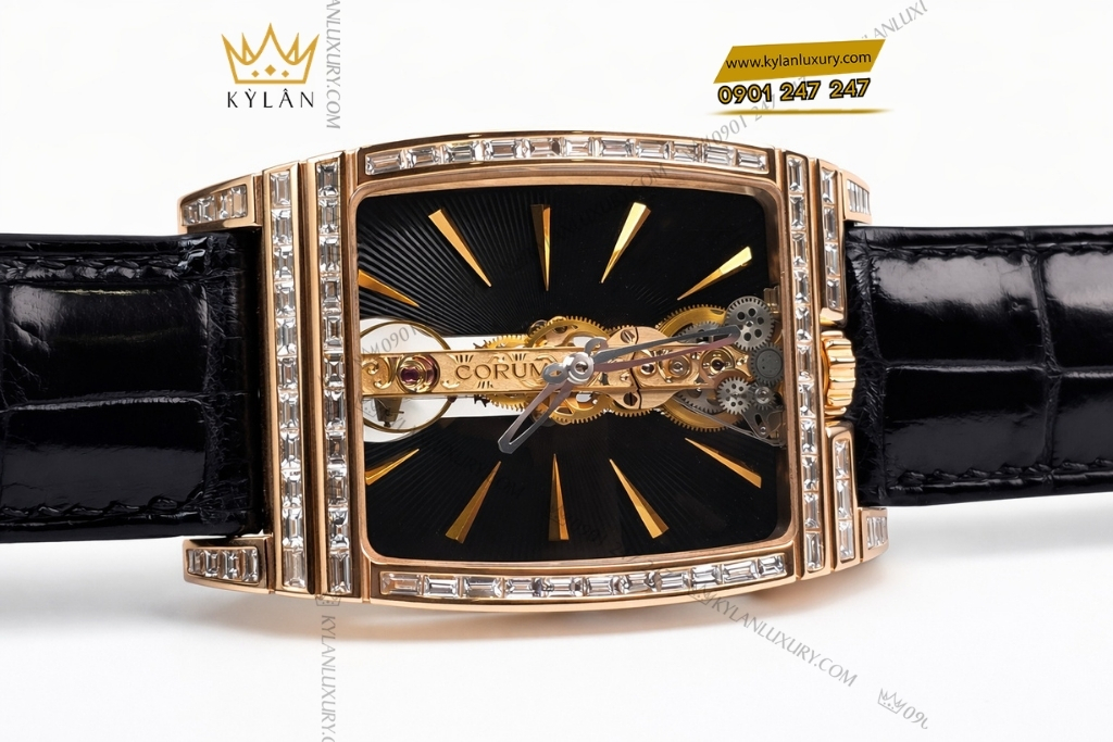 Kỳ Lân Luxury corum vang hong custom vanh kim vuong 4 Đồng hồ Corum Golden Bridge vàng hồng custom vành kim vuông