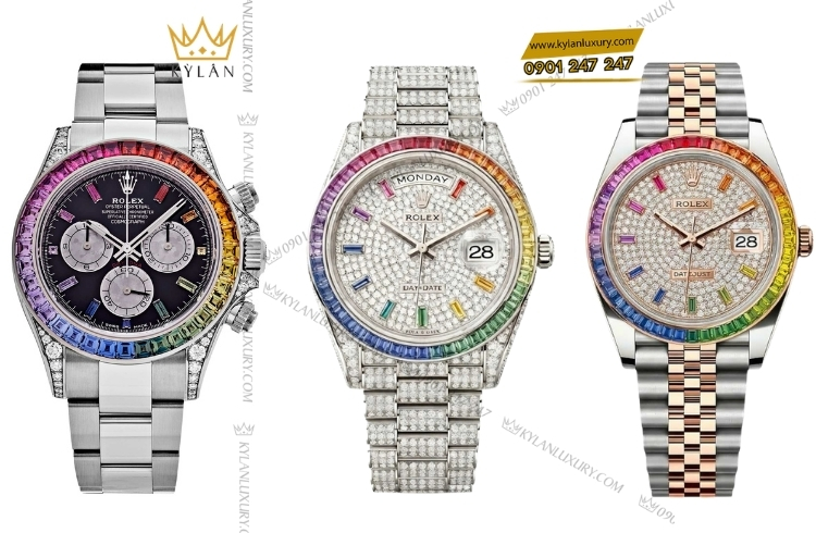 Vành bezel rainbow, sử dụng đá quý đa sắc xếp gradient, tạo hiệu ứng chuyển màu nổi bật và đậm chất nghệ thuật.
