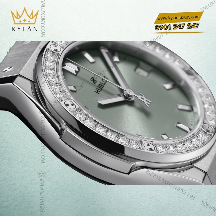 Kỳ Lân Luxury hublot classic fusion titanium sage green diamonds 33mm 5 Đồng hồ Hublot Classic Fusion Titanium Sage Green Diamonds 33mm