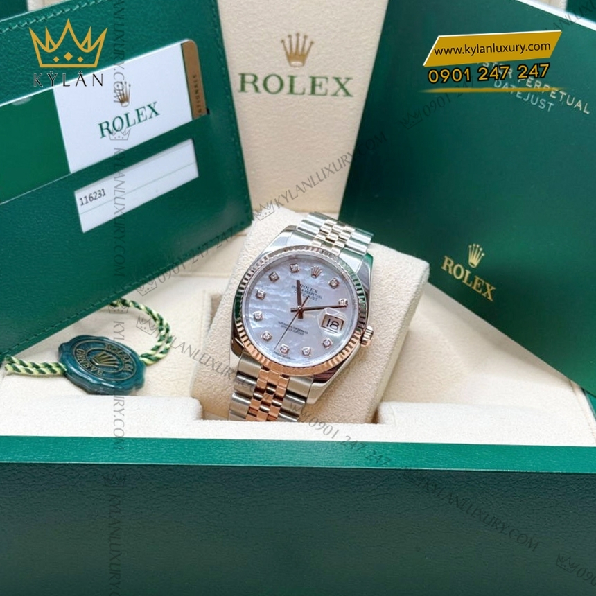 Kỳ Lân Luxury rolex datejust 36 116231 0021 mop kim cuong 3 Đồng hồ Rolex Datejust 36 mặt số xà cừ 116231-0021
