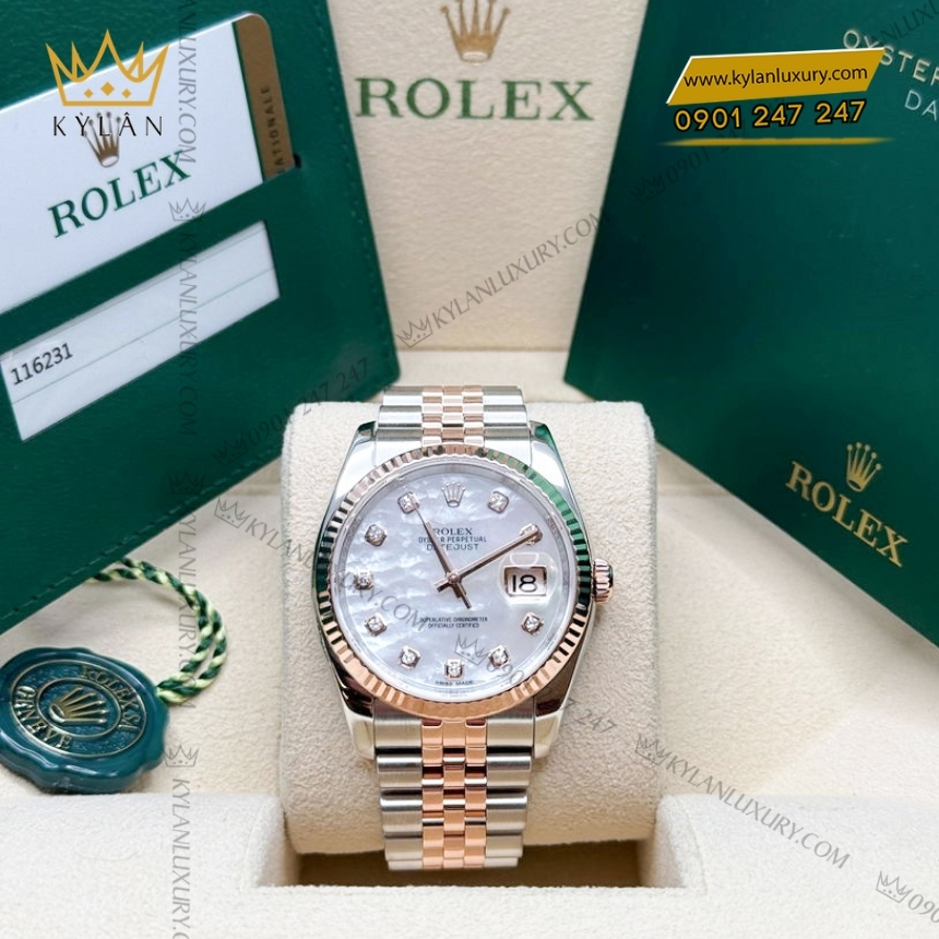 Kỳ Lân Luxury rolex datejust 36 116231 0021 mop kim cuong 4 Đồng hồ Rolex Datejust 36 mặt số xà cừ 116231-0021
