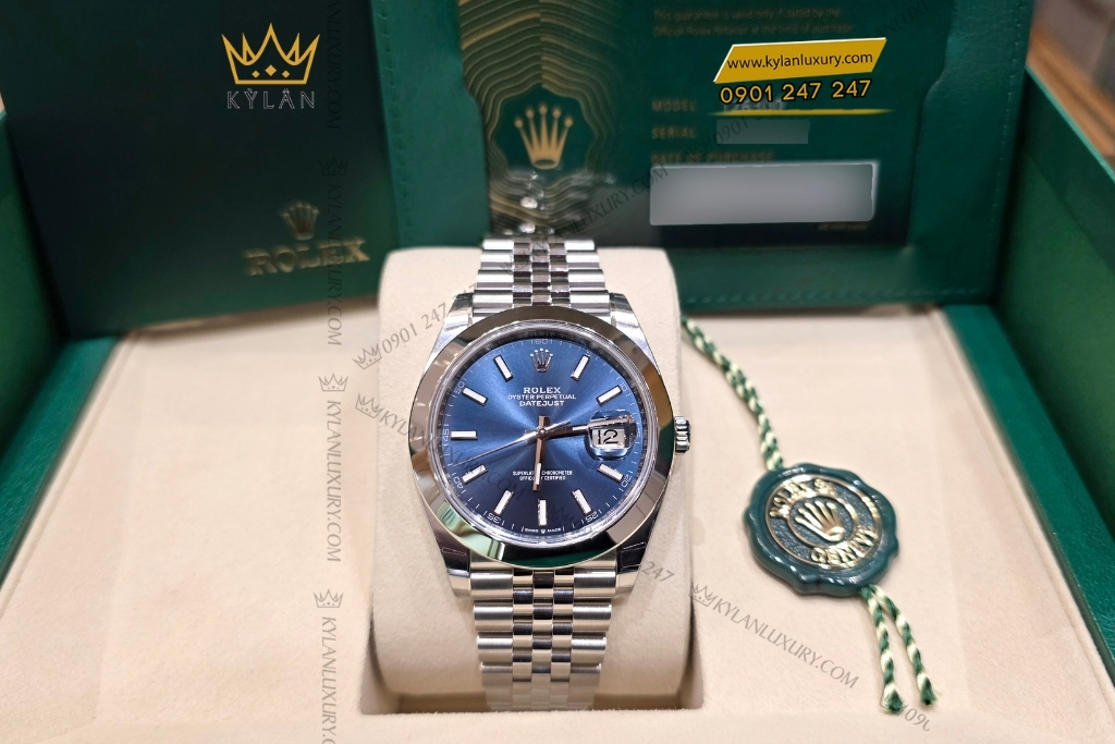 Kỳ Lân Luxury rolex datejust 41 126300 0002 mat xanh da quang 18 Đồng hồ Rolex Datejust 41 mặt xanh dương cọc dạ quang 126300-0002