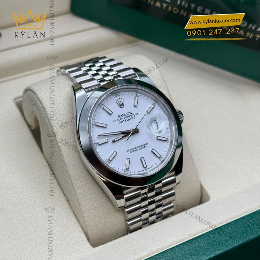 Kỳ Lân Luxury rolex datejust 41 126300 0006 trang da quang 10 Đồng hồ Rolex Datejust 41 mặt trắng cọc dạ quang 126300-0006