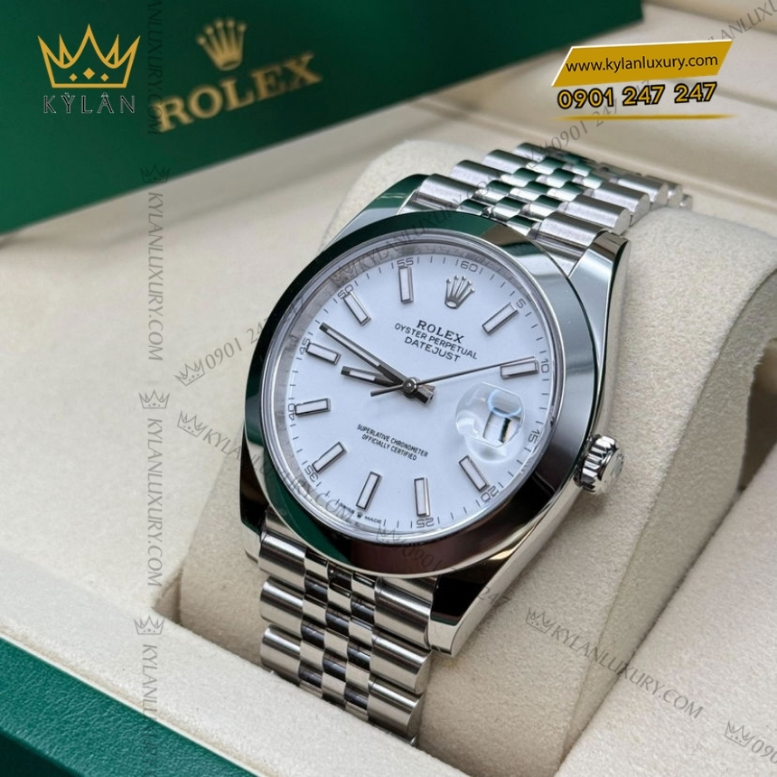 Kỳ Lân Luxury rolex datejust 41 126300 0006 trang da quang 8 Đồng hồ Rolex Datejust 41 mặt trắng cọc dạ quang 126300-0006