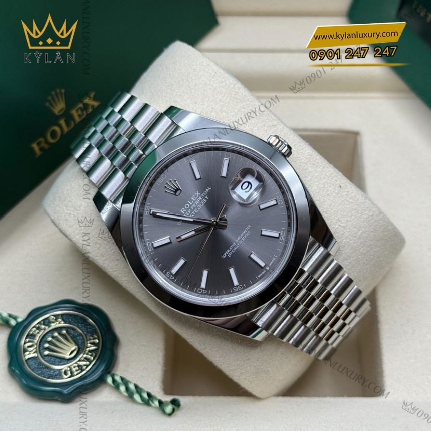 Kỳ Lân Luxury rolex datejust 41 126300 0008 xam da quang 4 Đồng hồ Rolex Datejust 41 mặt xám cọc dạ quang 126300-0008