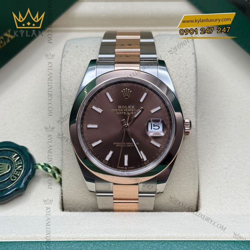 Kỳ Lân Luxury rolex datejust 41 126301 0001 chocolate da quang 2 Đồng hồ Rolex Datejust 41 chocolate cọc dạ quang 126301-0001