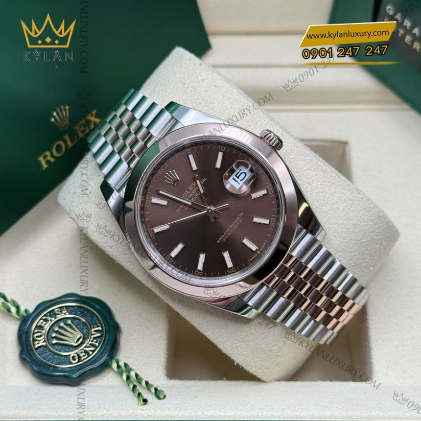 Kỳ Lân Luxury rolex datejust 41 chocolate da quang 126301 0002 5 Đồng hồ Rolex Datejust 41 mặt chocolate cọc dạ quang 126301-0002