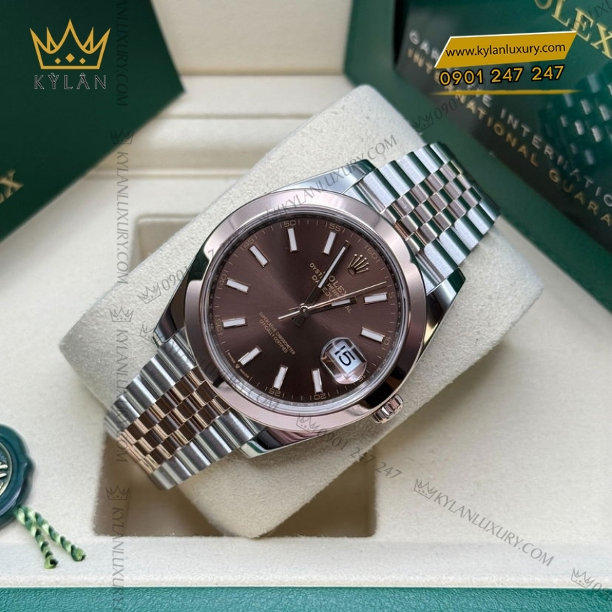 Kỳ Lân Luxury rolex datejust 41 chocolate da quang 126301 0002 7 Đồng hồ Rolex Datejust 41 mặt chocolate cọc dạ quang 126301-0002