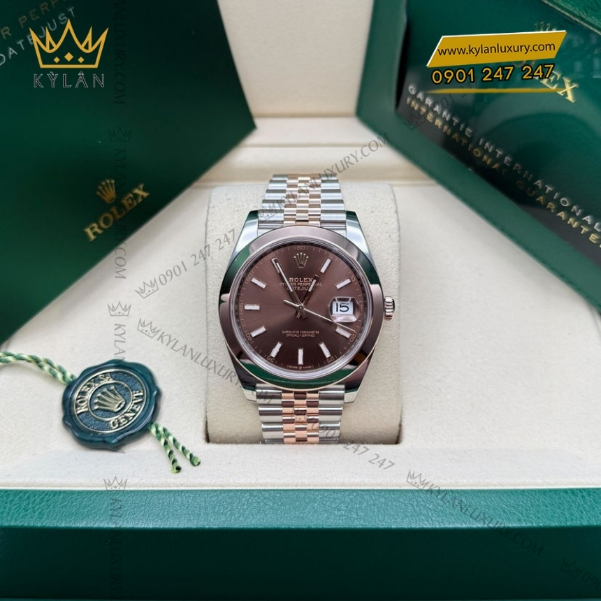 Kỳ Lân Luxury rolex datejust 41 chocolate da quang 126301 0002 8 Đồng hồ Rolex Datejust 41 mặt chocolate cọc dạ quang 126301-0002