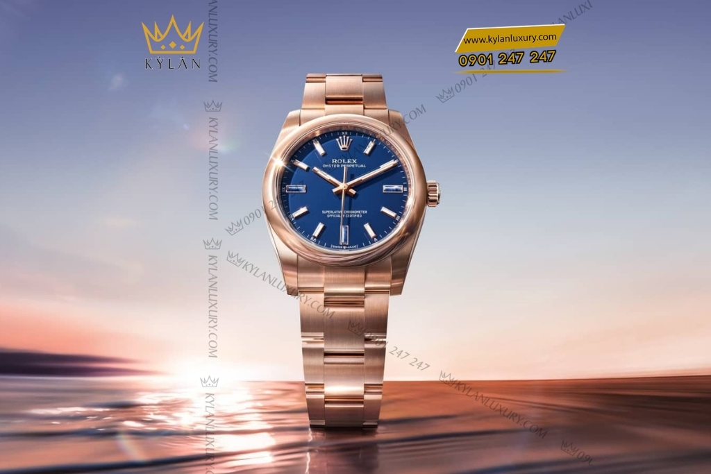 Kỳ Lân Luxury rolex oyster perpetual 34 124205 0002 mat da xanh 3 Đồng hồ Rolex Oyster Perpetual 34 mặt số đá xanh 124205-0002
