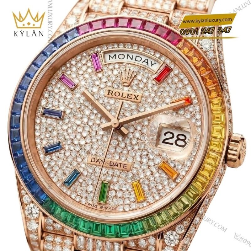 Vành bezel Rolex vàng hồng đính đá rainbow