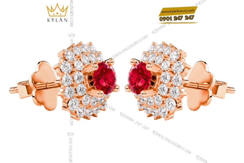 Bông tai vàng hồng Au750 đính kim cương và sapphire đỏ