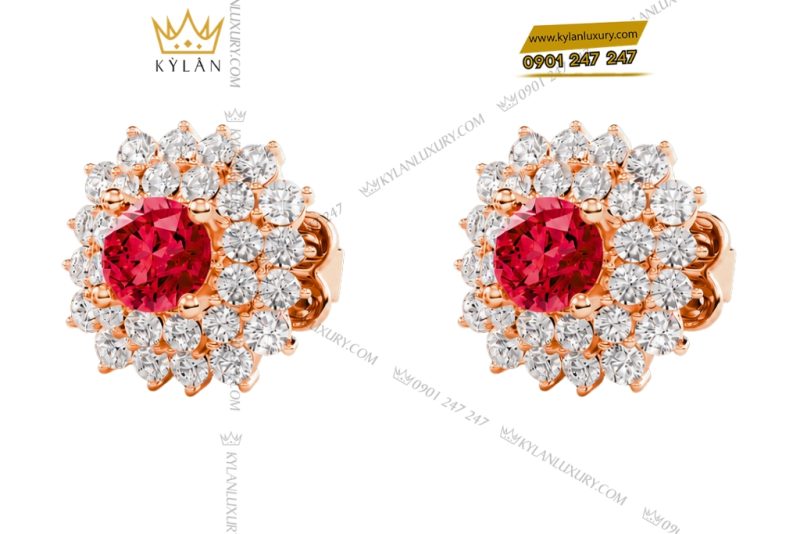 Bông tai vàng hồng Au750 đính kim cương và sapphire đỏ