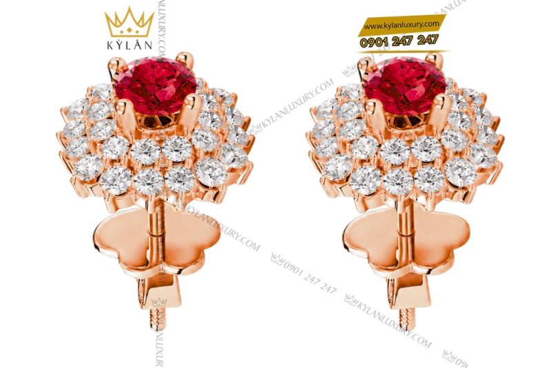 Bông tai vàng hồng Au750 đính kim cương và sapphire đỏ