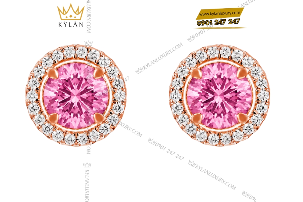 Bông tai vàng hồng Au750 đính viên chủ sapphire hồng