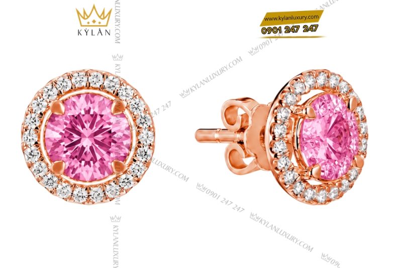 Bông tai vàng hồng Au750 đính viên chủ sapphire hồng