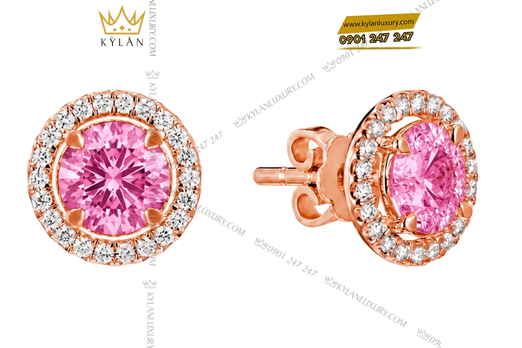 Bông tai vàng hồng Au750 đính viên chủ sapphire hồng