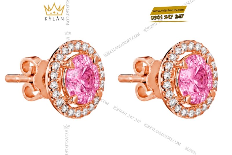 Bông tai vàng hồng Au750 đính viên chủ sapphire hồng