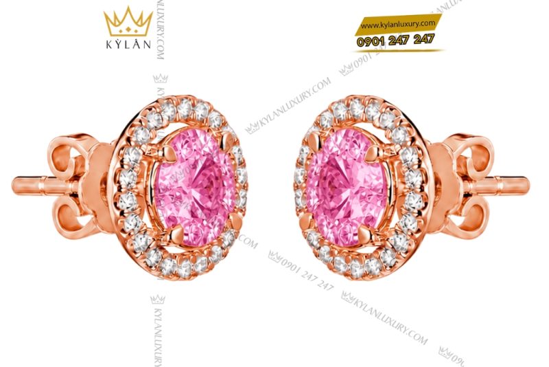 Bông tai vàng hồng Au750 đính viên chủ sapphire hồng