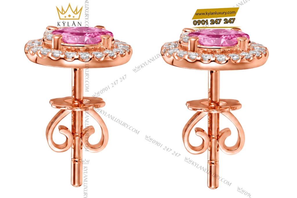 Bông tai vàng hồng Au750 đính viên chủ sapphire hồng