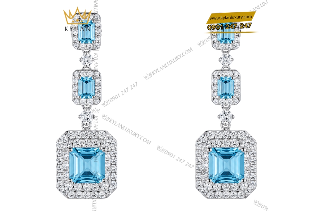 Bông tai vàng trắng Au750 đính kim cương và đá Topaz