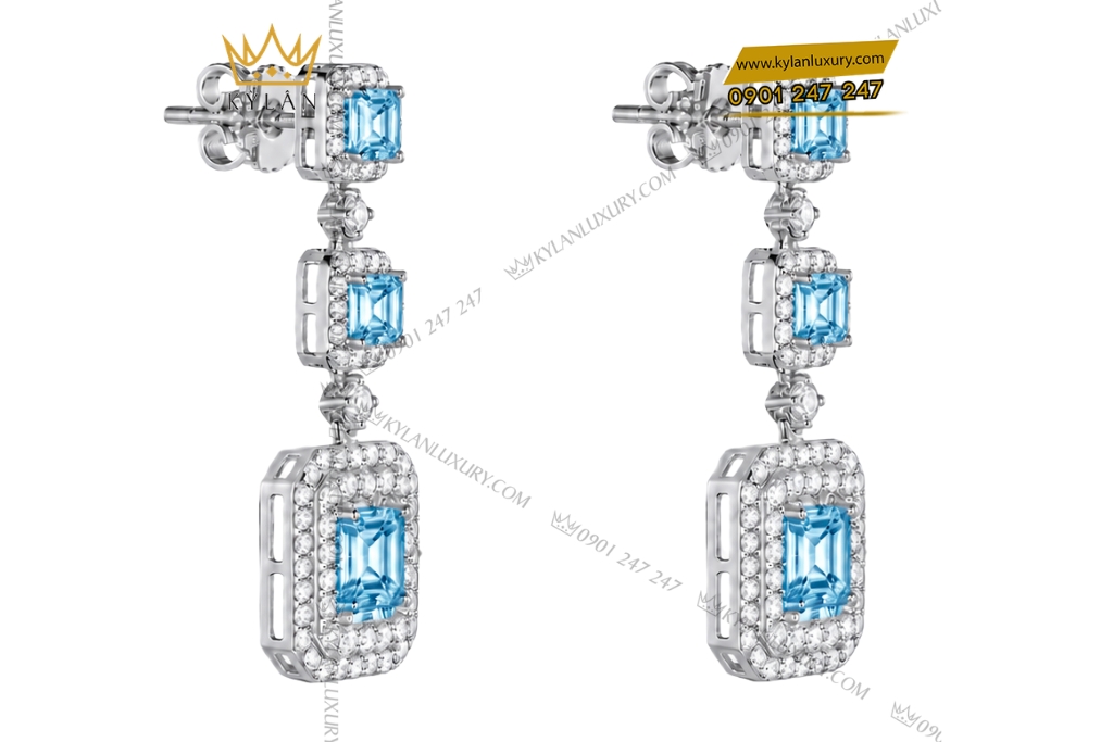 Bông tai vàng trắng Au750 đính kim cương và đá Topaz