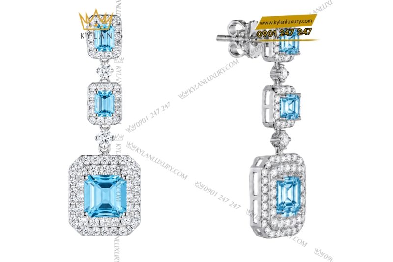 Bông tai vàng trắng Au750 đính kim cương và đá Topaz