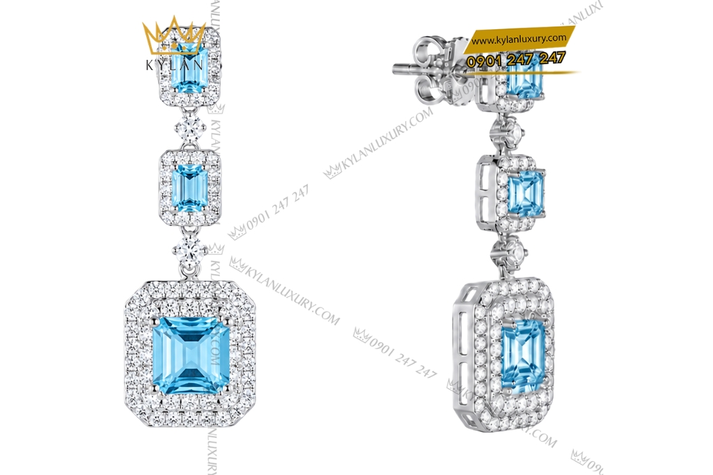 Bông tai vàng trắng Au750 đính kim cương và đá Topaz