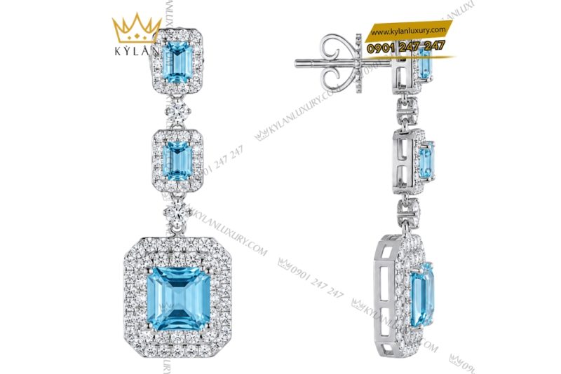 Bông tai vàng trắng Au750 đính kim cương và đá Topaz
