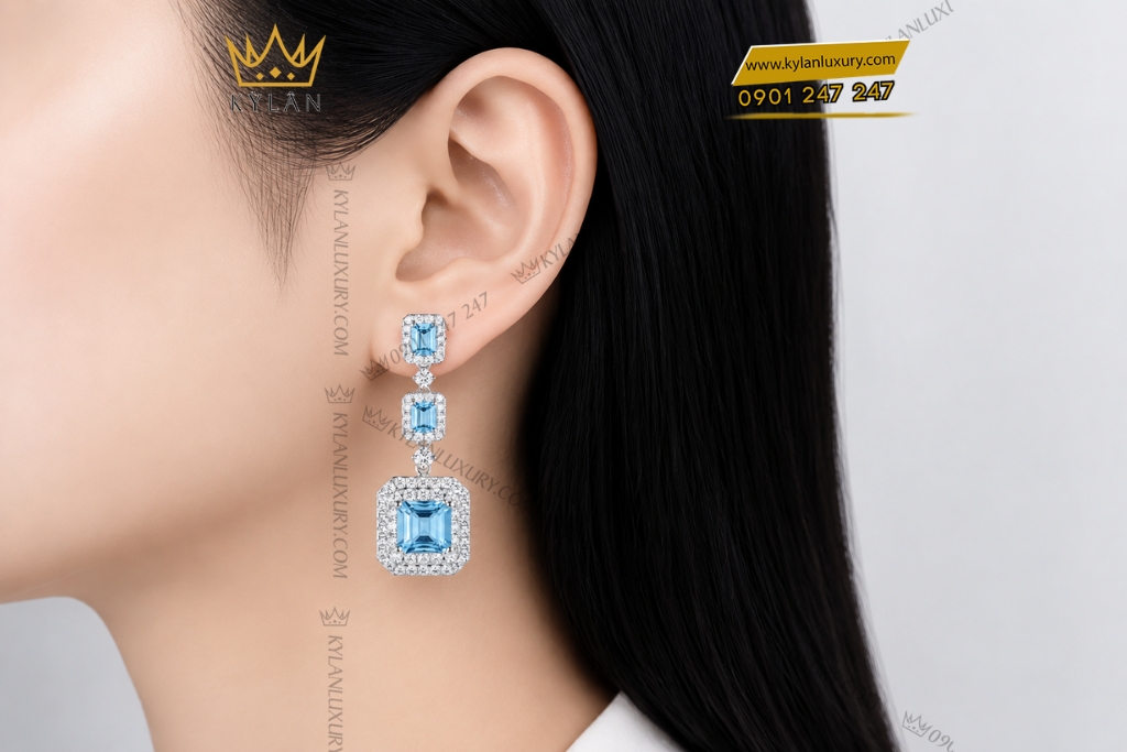 Bông tai vàng trắng Au750 đính kim cương và đá Topaz
