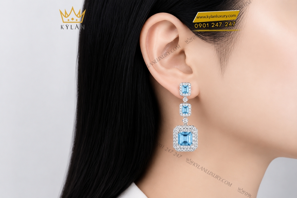 Bông tai vàng trắng Au750 đính kim cương và đá Topaz