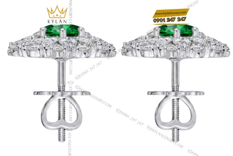Bông tai vàng trắng Au750 đính kim cương và ngọc lục bảo