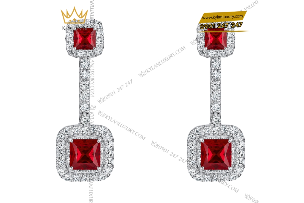 Bông tai vàng trắng Au750 đính kim cương và sapphire đỏ