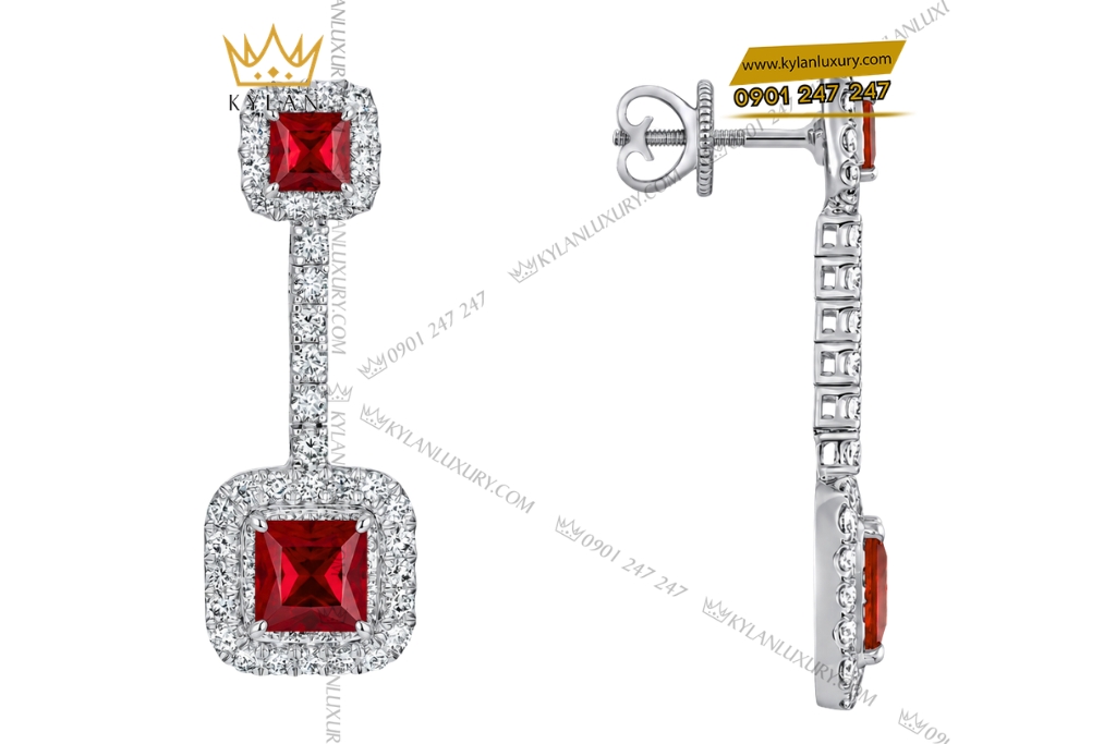 Kỳ Lân Luxury Bong tai vang trang Au750 dinh kim cuong va sapphire do 3 Bông tai vàng trắng Au750 đính kim cương và sapphire đỏ