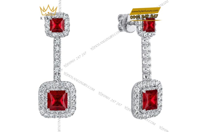 Bông tai vàng trắng Au750 đính kim cương và sapphire đỏ