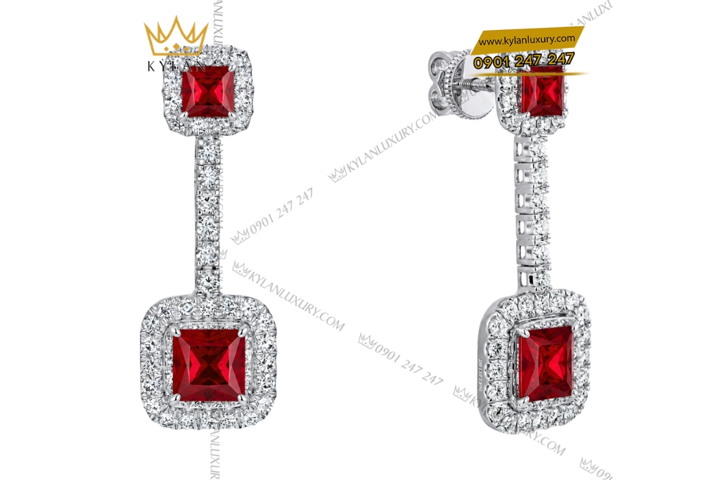 Bông tai vàng trắng Au750 đính kim cương và sapphire đỏ