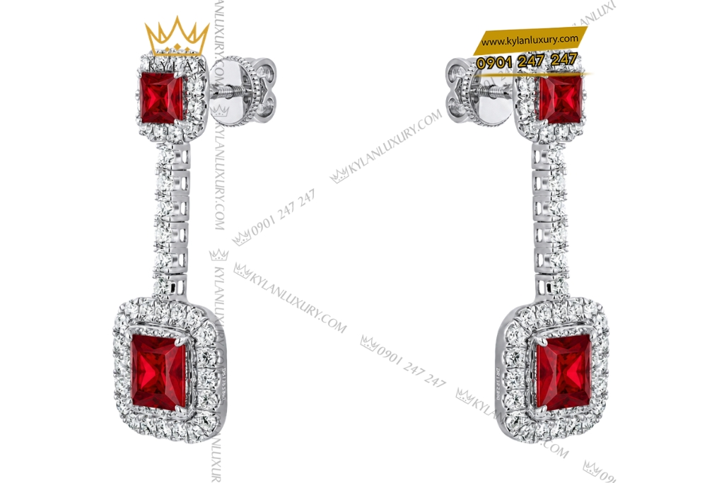 Kỳ Lân Luxury Bong tai vang trang Au750 dinh kim cuong va sapphire do 5 Bông tai vàng trắng Au750 đính kim cương và sapphire đỏ