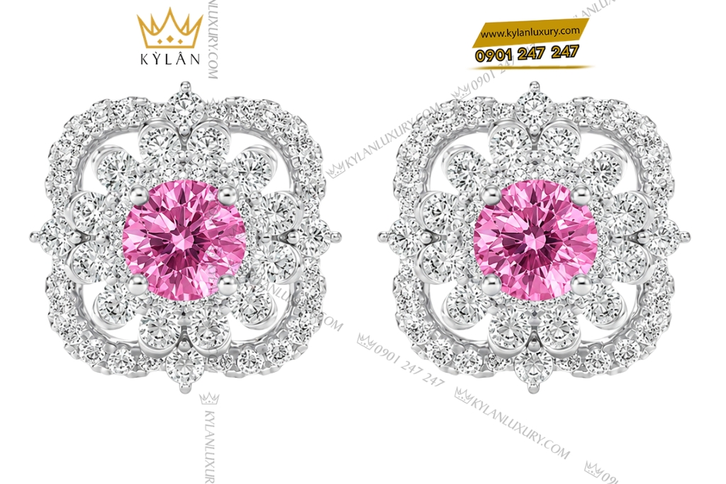Bông tai vàng trắng Au750 đính kim cương và sapphire hồng
