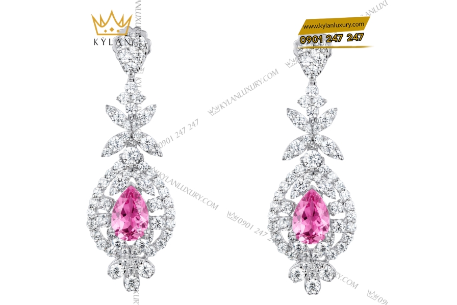 Bông tai vàng trắng Au750 đính kim cương và sapphire hồng