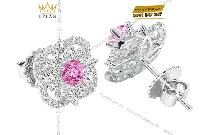 Bông tai vàng trắng Au750 đính kim cương và sapphire hồng