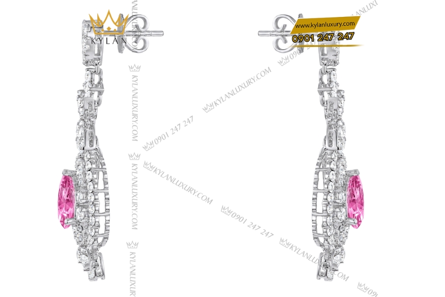 Bông tai vàng trắng Au750 đính kim cương và sapphire hồng