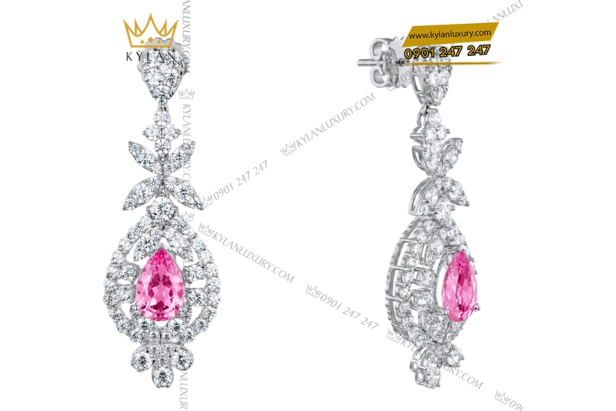 Bông tai vàng trắng Au750 đính kim cương và sapphire hồng