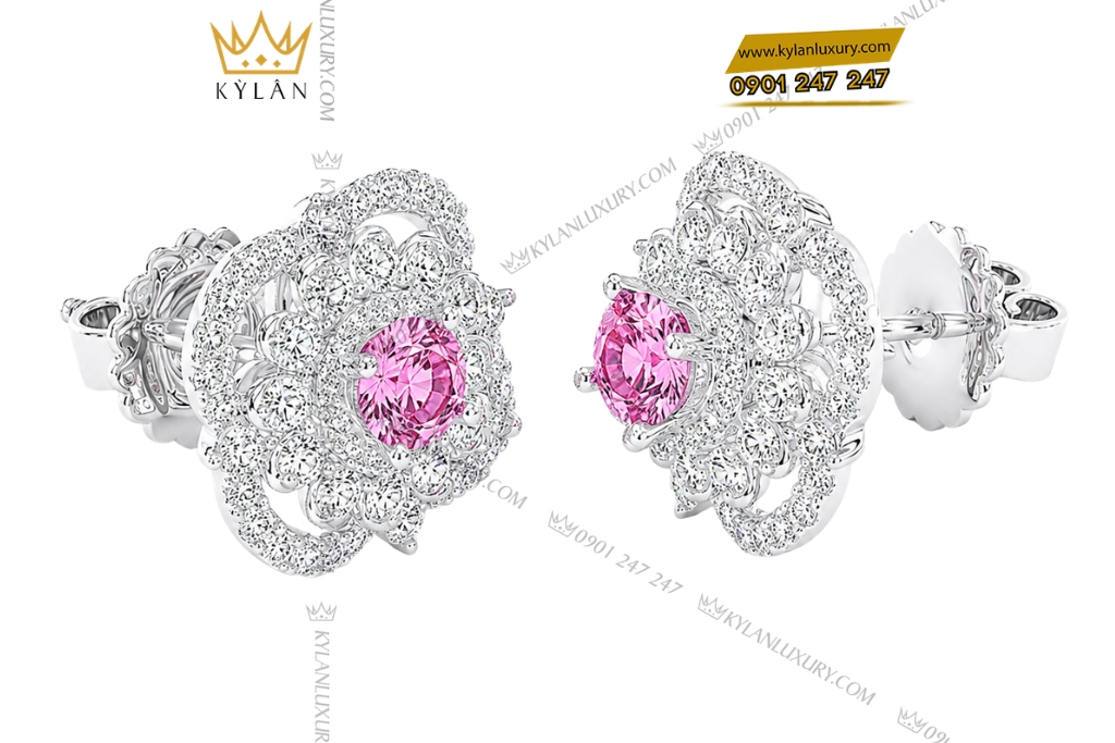 Kỳ Lân Luxury Bong tai vang trang Au750 dinh kim cuong va sapphire hong 5 1 Bông tai vàng trắng Au750 đính kim cương và sapphire hồng
