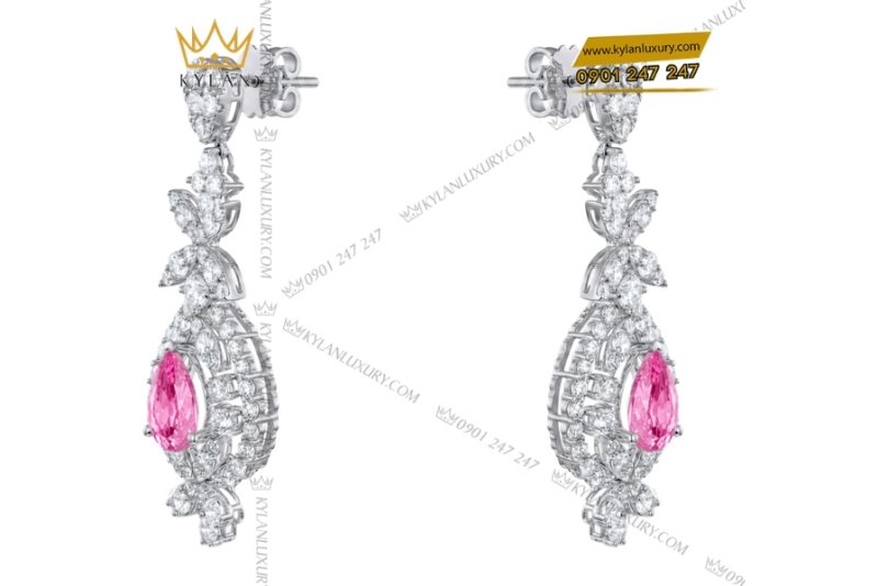 Bông tai vàng trắng Au750 đính kim cương và sapphire hồng