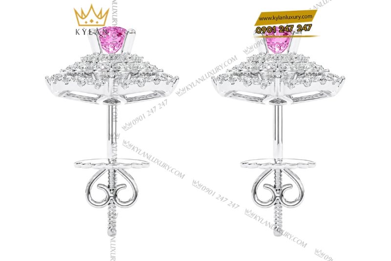 Bông tai vàng trắng Au750 đính kim cương và sapphire hồng