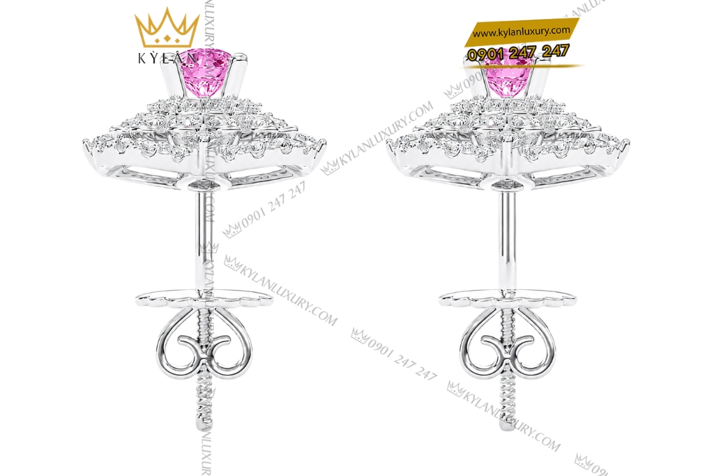 Bông tai vàng trắng Au750 đính kim cương và sapphire hồng