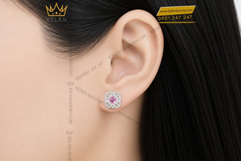 Bông tai vàng trắng Au750 đính kim cương và sapphire hồng
